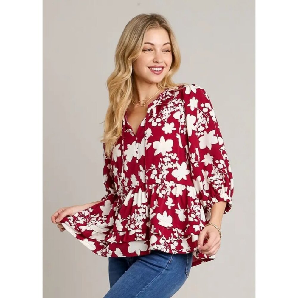 Umgee Wine/White Floral Printed Balloon Sleeve Top with Ruffle Detail~SMALL - Picture 1 of 7